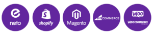 Logos for Neto, Shopify, Magento, BigCommerce and WooCommerce