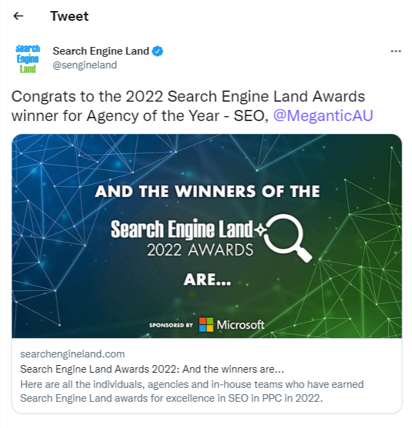 Tweet from Search Engine Land announcing Megantic's win for SEO Agency of the Year