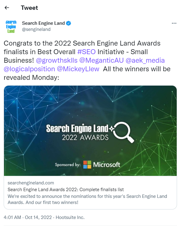 Tweet from Search Engine Land announcing Megantic's shortlist for Best Overall SEO Initiative - Small Business