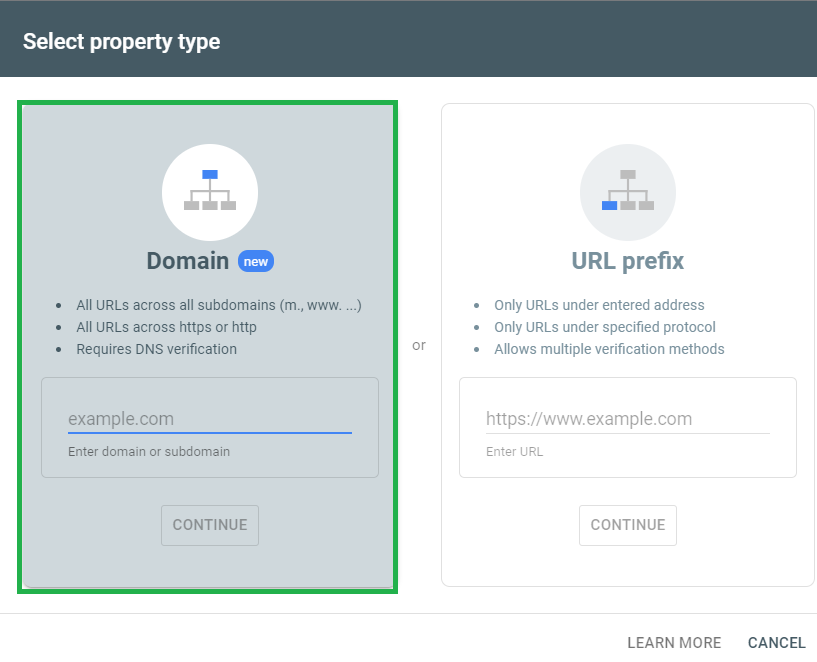 Select property type in Google Search Console
