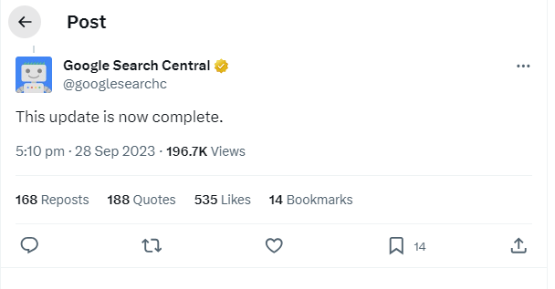 The update is now complete - via Google Search Console